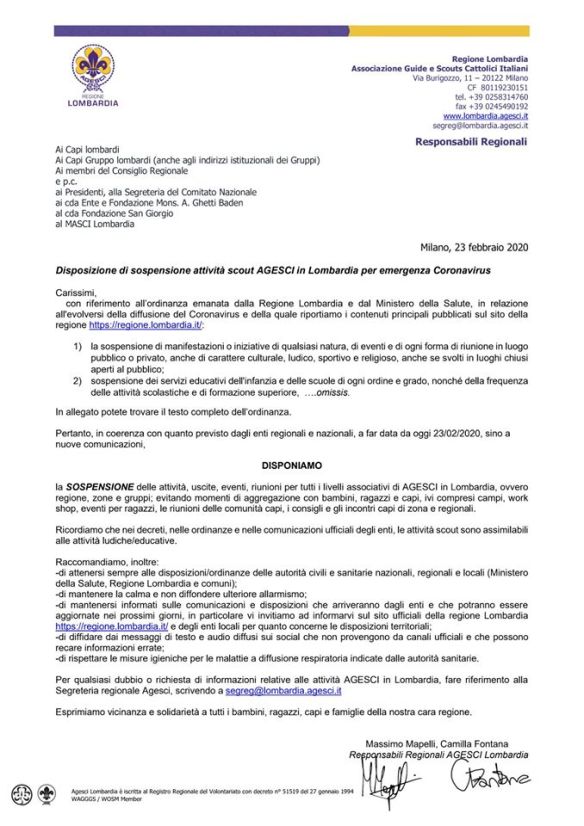 Comunicato AGESCI Lombardia 23.02.2020